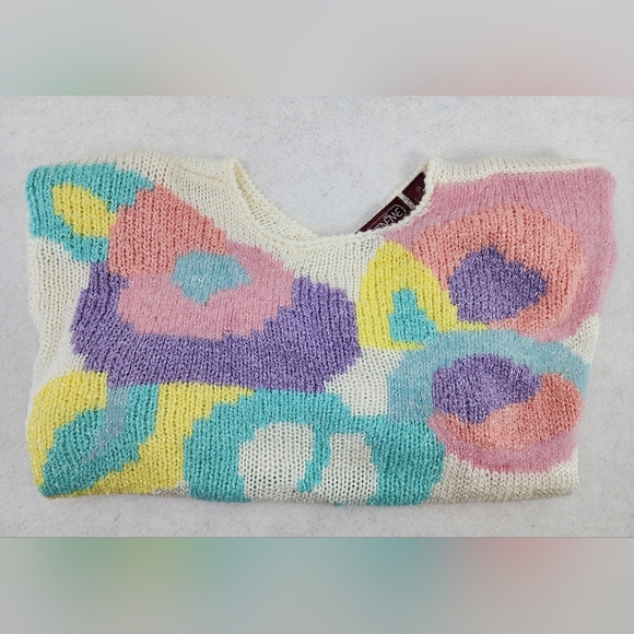 Ginenne VTG 80s Wool Angora Blend Pastel Knit Sweater Womens Medium Crew Neck - Picture 7 of 9